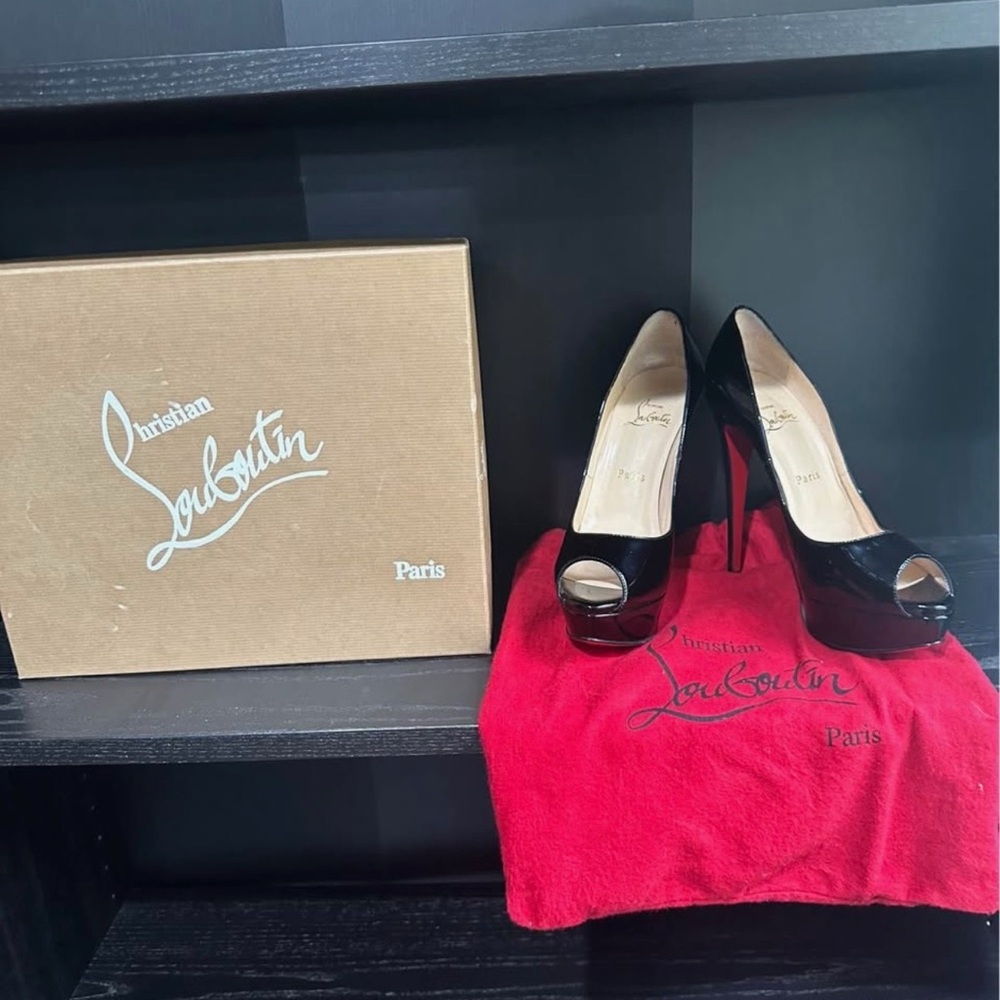 Christian Louboutin Black Patent Peep-Toe Platform Pumps with Red Dust Bag